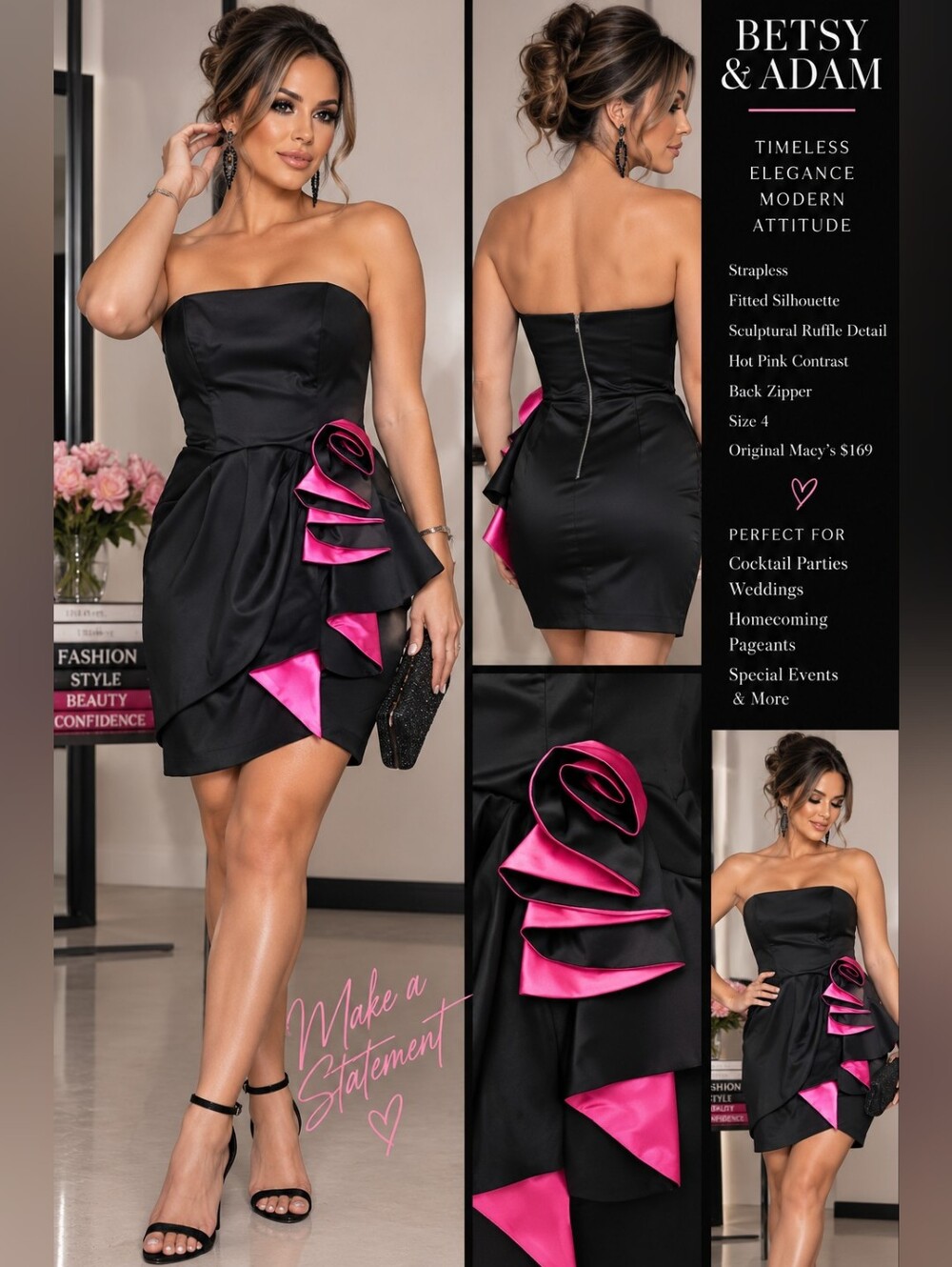 Betsy & Adam Black Hot Pink Ruffle Strapless Cocktail Dress Size 4 NWT